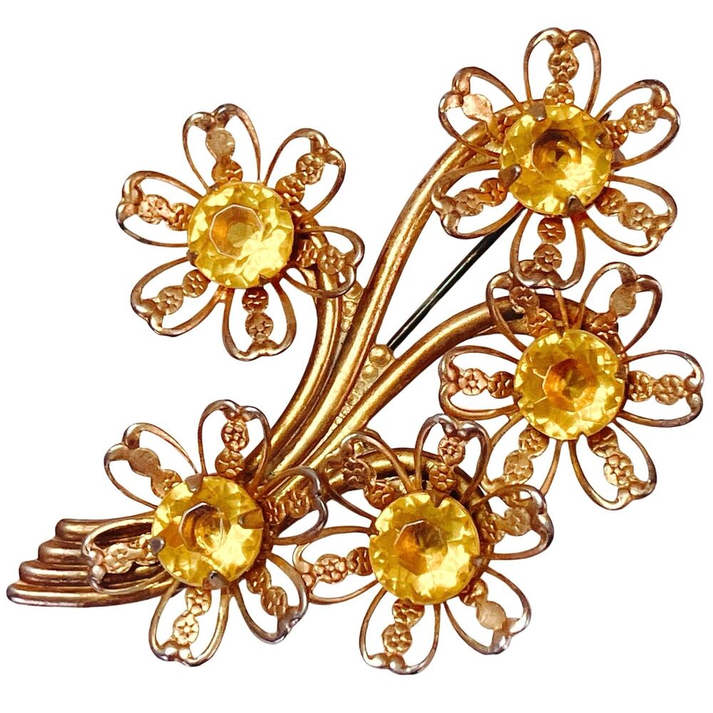 Vintage 1950s Gold Tone Filigree Floral Spray Brooch Yellow Glass Rhinestone Pin